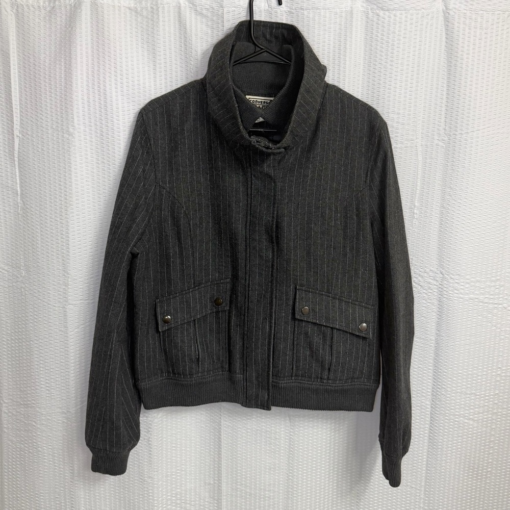 Converse One Star Grey Pinstripe Wool Blend Bomber Jacket Quilted Lining Size XL